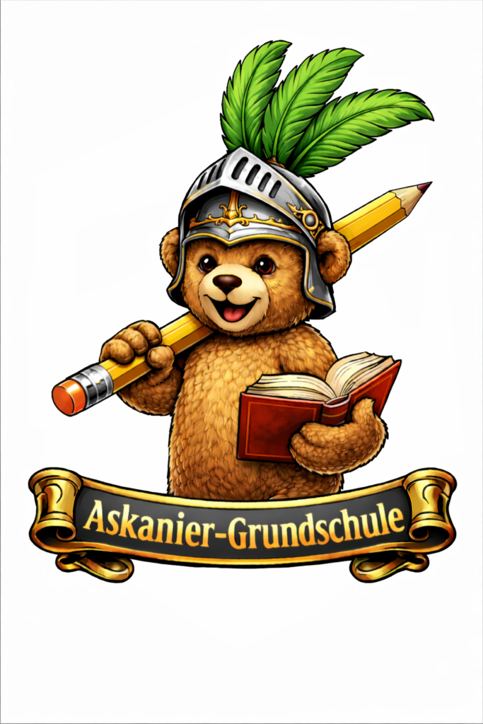 Logo der Askanier-Grundschule.
Ein Teddybär mit Ritterhelm, Bleistift in der einen Hand und rotes Buch in der anderen Hand. Darunter befindet sich in einem Banner der Schriftzug Askanier-Grundschule